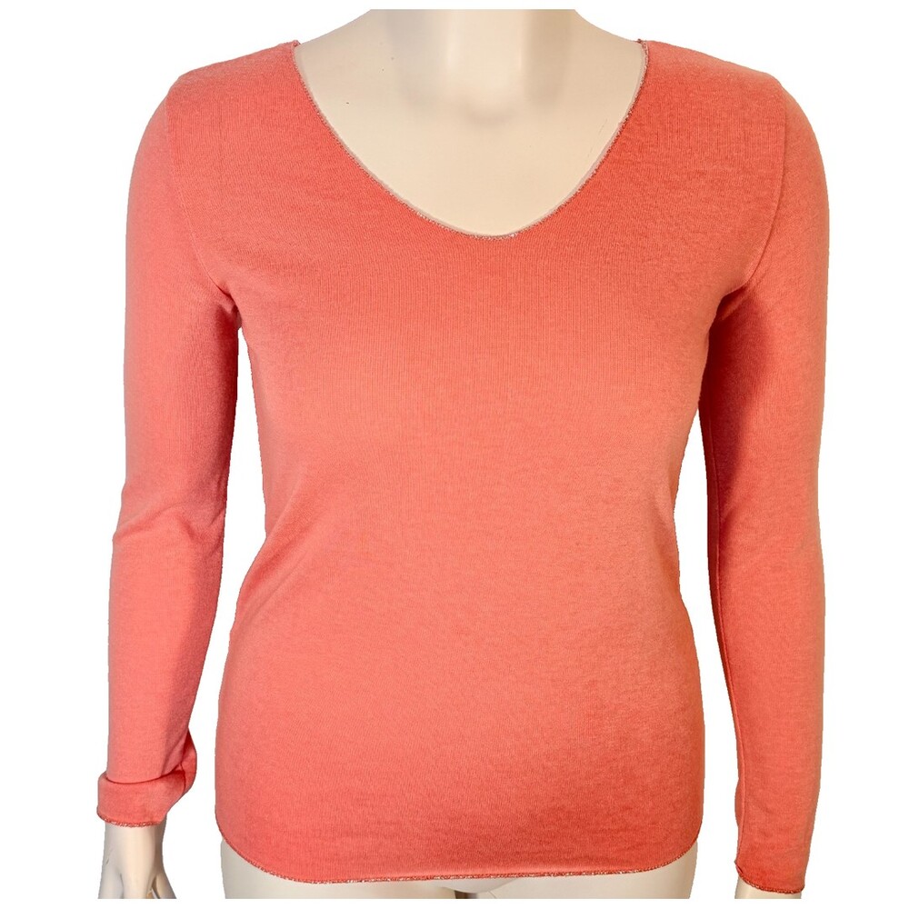 Gigi Moda Women's M Peach Knit Long Slve Shirt V-Neck Silver Trim Made in Italy